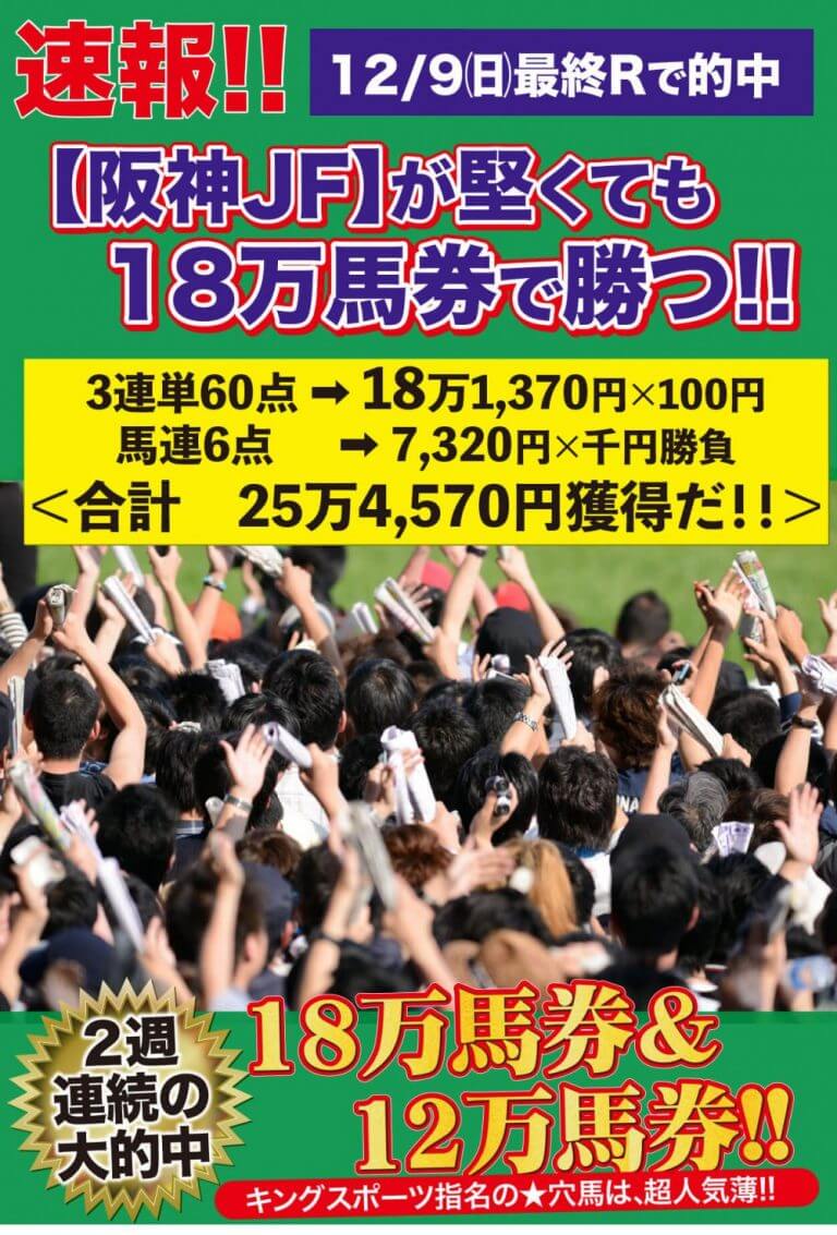 【12/8-9成績速報】Ｇ１阪神ＪＦが堅くても！特大18万馬券＆馬連73倍をダブル的中！