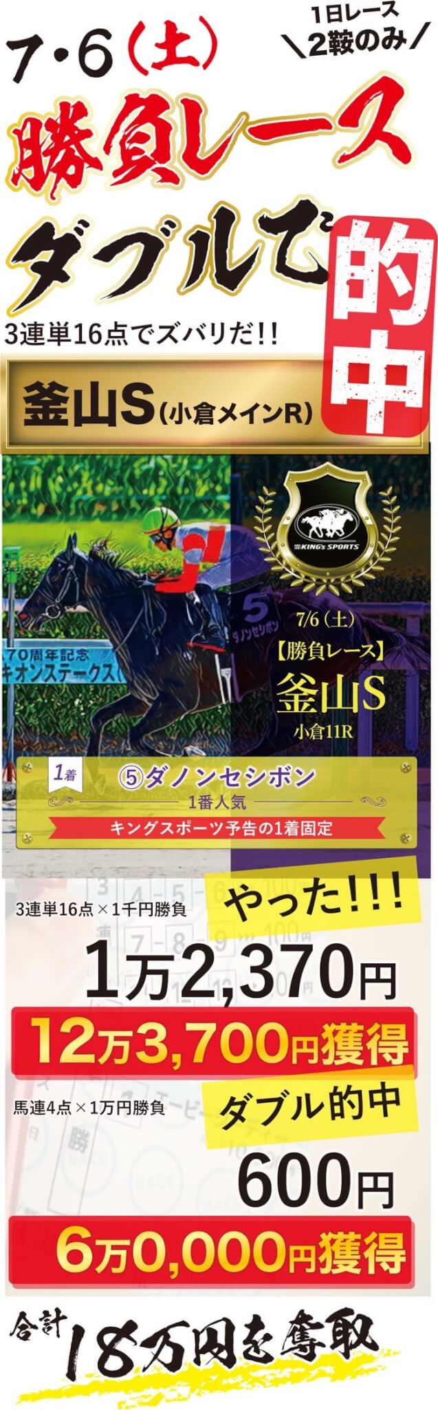 悩むな！絞れ！馬連＆ワイド１点勝負】7/7（日）小倉10Ｒ【耶馬渓特別】 2024 →狙うは「１点で最低５倍以上」大幅プラスにチャレンジだ！ -  競馬予想のキングスポーツ