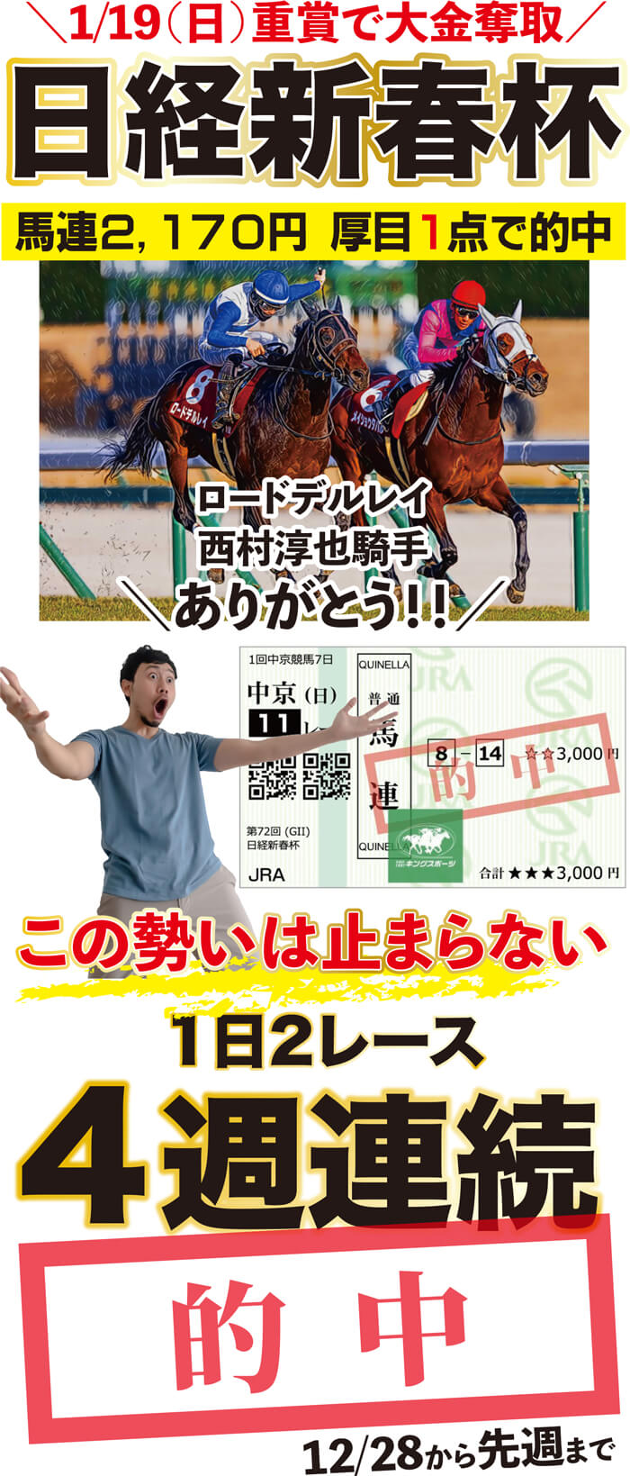 ㊗️獲った【日経新春杯】２８万円奪取➡ただ今 勝負R ４週連続・的中🏆今週も★穴馬で勝つ💪お試し＆おかえり会員募集🔰